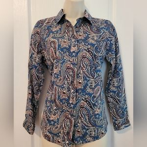 Talbots Blue Paisley Fitted Shirt, 4 Petite